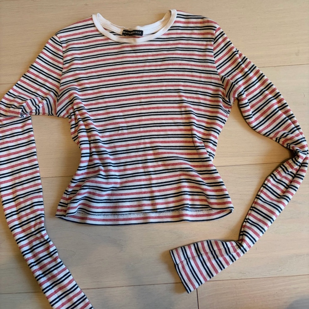 Brandy Melville Pink, Black & White Striped Ribbed Long Sleeve Top